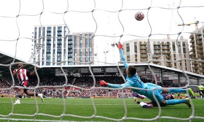 Brentford's Bryan Mbeumo shots wide of the goal