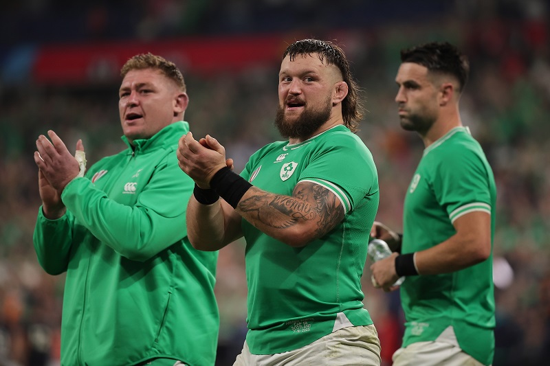 Ireland's Tadhg Furlong (L), Andrew Porter, and Conor Murray (R)