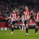 Brentford players celebrate after scoring against Manchester United