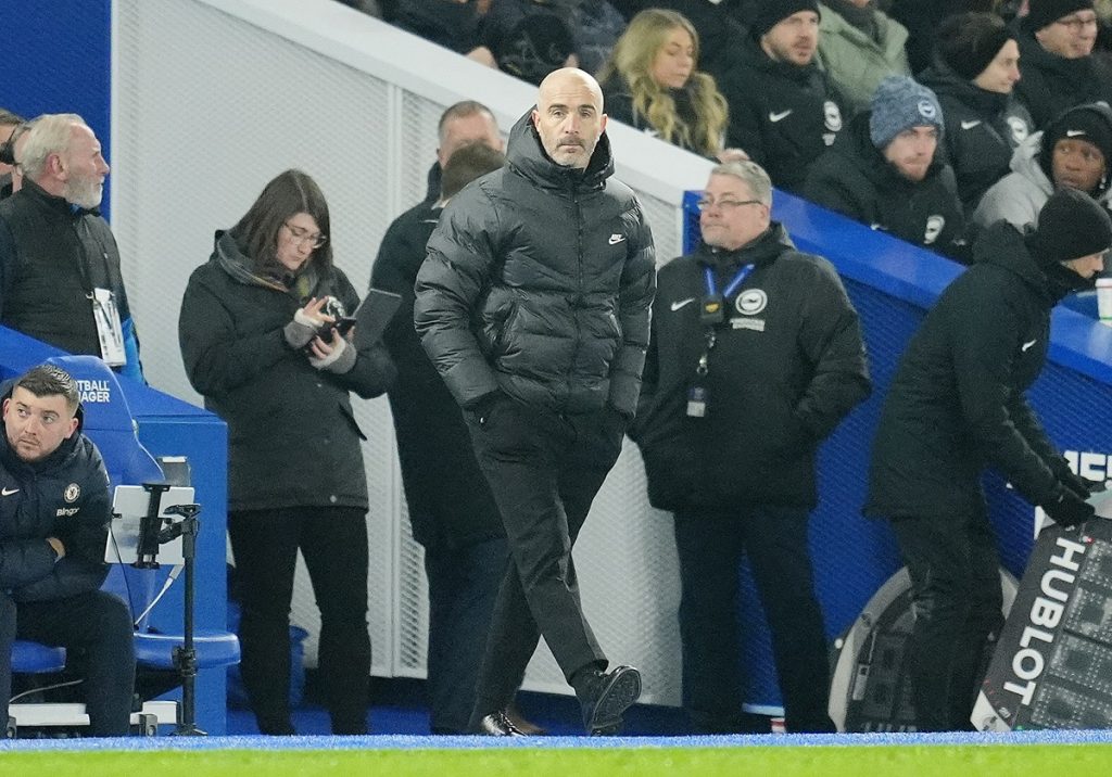 Chelsea manager Enzo Maresca on the touchline during the Premier League match at the American Express Stadium, Brighton. Picture date: Friday February 14, 2025.