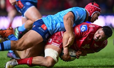 Mandatory Credit: Photo by Ashley Crowden/INPHO/Shutterstock/BackpagePix (13744210az) Scarlets vs Vodacom Bulls. Dan Davis of Scarlets is tackled by Johann Grobbelaar of Vodacom Bulls BKT United Rugby Championship, Parc y Scarlets, Wales - 27 Jan 2023