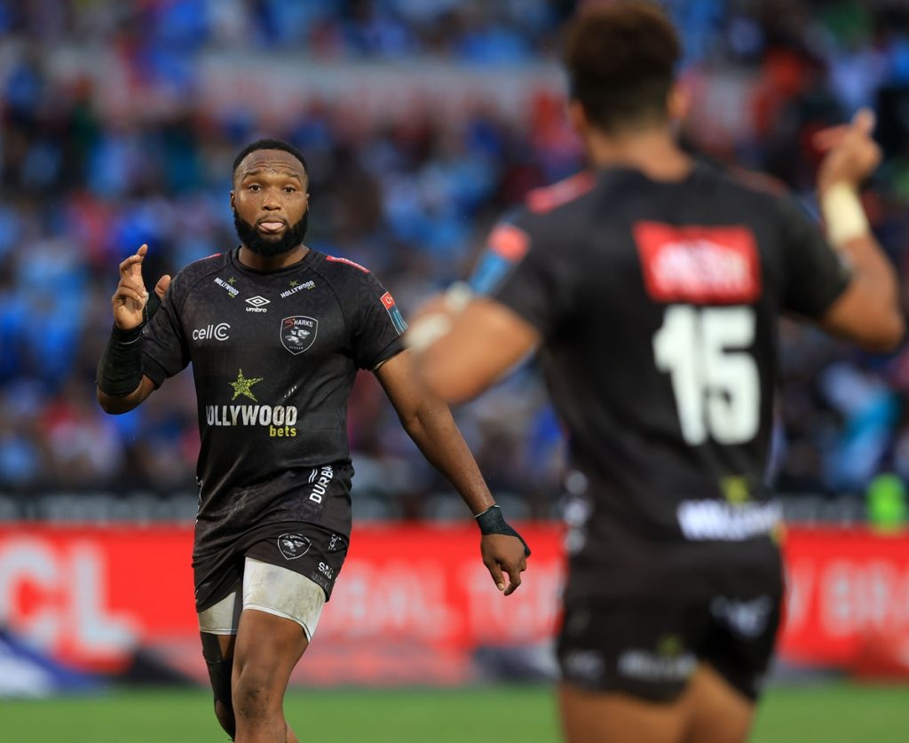 Lukhanyo Am of the Sharks reacts during the United Rugby Championship 2024/25 match between Bulls and Sharks at Loftus Versfeld Stadium in Pretoria on the 15 February 2025 © Samuel Shivambu/BackpagePix