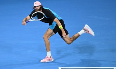 epa11803620 Reilly Opelka of USA in action during his quarter-finals match against Novak Djokovic of Serbia at the Brisbane International tennis tournament in Brisbane, Australia, 03 January 2025. EPA/DARREN ENGLAND AUSTRALIA AND NEW ZEALAND OUT