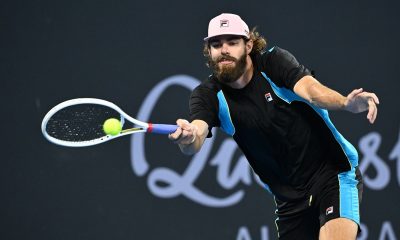 epa11803475 Reilly Opelka of USA in action during his quarter-finals match against Novak Djokovic of Serbia at the Brisbane International tennis tournament in Brisbane, Australia, 03 January 2025. EPA/DARREN ENGLAND AUSTRALIA AND NEW ZEALAND OUT