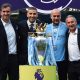 epa10644845 (L-R) Manchester City CEO Ferran Soriano, Manchester City chairman Khaldoon Al Mubarak, Manchester City manager Pep Guardiola and Manchester City director of football Txiki Begiristain pose with the English Premier League trophy after the English Premier League match between Manchester City and Chelsea FC in Manchester, Britain, 21 May 2023. EPA/PETER POWELL EDITORIAL USE ONLY. No use with unauthorized audio, video, data, fixture lists, club/league logos or 'live' services. Online in-match use limited to 120 images, no video emulation. No use in betting, games or single club/league/player publications.