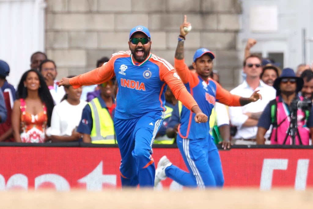 Mandatory Credit: Photo by Deepak Malik/Shutterstock (14562735ch) India's Rohit Sharma celebrates the wicket of South Africa David Miller during the ICC Men's T20 World Cup 2024 - Final match between South Africa and India held at the Kensington Oval, Bridgetown, Barbados on the 29th June, 2024. South Africa v India, ICC Men's T20 World Cup Final, Kensington Oval, Bridgetown, Barbados - 29 Jun 2024