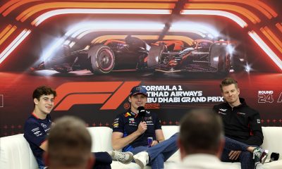 epa11758473 (L-R) Williams driver Franco Colapinto of Argentina, Red Bull Racing driver Max Verstappen of the Netherlands and Haas driver Nico Hulkenberg of Germany attend a press conference ahead of the Formula One Abu Dhabi Grand Prix, in Abu Dhabi, United Arab Emirates, 05 December 2024. The 2024 Formula One Abu Dhabi Grand Prix will be held on the Yas Marina Circuit racetrack on 08 December. EPA/ALI HAIDER