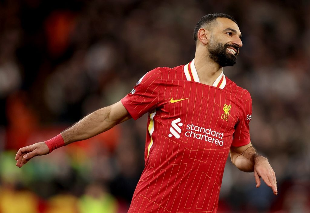 epa11926745 Mohamed Salah of Liverpool reacts during the English Premier League match between Liverpool FC and Newcastle United, in Liverpool, Britain, 26 February 2025. EPA/ADAM VAUGHAN EDITORIAL USE ONLY. No use with unauthorized audio, video, data, fixture lists, club/league logos, 'live' services or NFTs. Online in-match use limited to 120 images, no video emulation. No use in betting, games or single club/league/player publications.