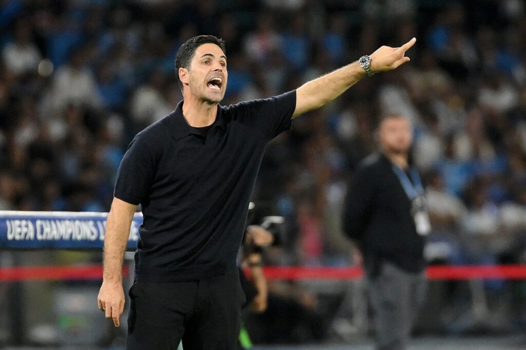 Arsenal manager Mikel Arteta gestures on the touchline during the UEFA Champions League, league phase match at the Stadio Diego Armando Maradona, Naples, Italy.