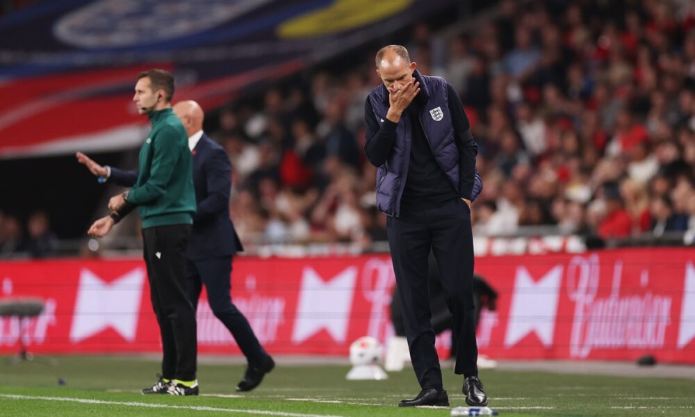 LONDON, ENGLAND - SEPTEMBER 26: Thomas Tuchel, Head Coach of England, reacts during the UEFA Nations League 2026/27 group phase match between England and Spain at Wembley Stadium on September 26, 2026 in London, England. (Photo by