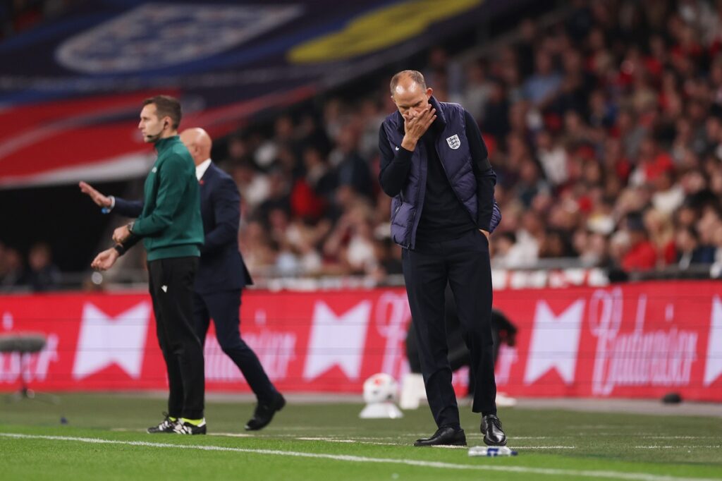 LONDON, ENGLAND - SEPTEMBER 26: Thomas Tuchel, Head Coach of England, reacts during the UEFA Nations League 2026/27 group phase match between England and Spain at Wembley Stadium on September 26, 2026 in London, England. (Photo by