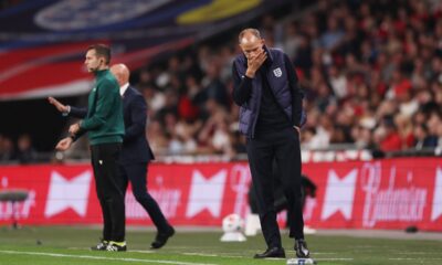 LONDON, ENGLAND - SEPTEMBER 26: Thomas Tuchel, Head Coach of England, reacts during the UEFA Nations League 2026/27 group phase match between England and Spain at Wembley Stadium on September 26, 2026 in London, England. (Photo by