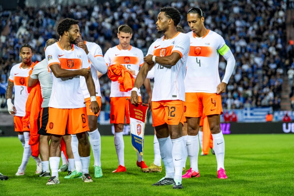 Thessaloniki, Greece, on October 1, 2026: Netherlands midfielder Quinten Timber, defender Jurrien Timber, and defender Virgil van Dijk (left to right) during the UEFA Nations League match between Greece and the Netherlands at Toumba Stadium. (Photo by Stefan Koops/EYE4IMAGES/NurPhoto via Getty Images)