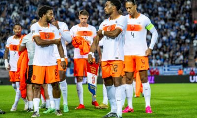 Thessaloniki, Greece, on October 1, 2026: Netherlands midfielder Quinten Timber, defender Jurrien Timber, and defender Virgil van Dijk (left to right) during the UEFA Nations League match between Greece and the Netherlands at Toumba Stadium. (Photo by Stefan Koops/EYE4IMAGES/NurPhoto via Getty Images)