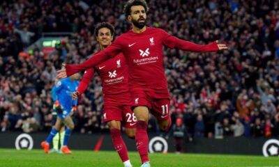 Mo Salah of Liverpool celebrates after scoring agianst Manchester City