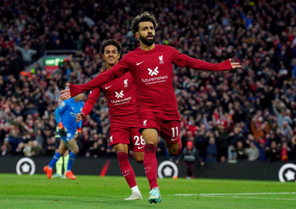 Mo Salah of Liverpool celebrates after scoring agianst Manchester City