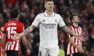 epa10423963 Real Madrid's Toni Kroos celebrates after scoring the 0-2 goal during the Spanish LaLiga soccer match between Athletic Club and Real Madrid, in Bilbao, northern Spain, 22 January 2023. EPA/Miguel Tona