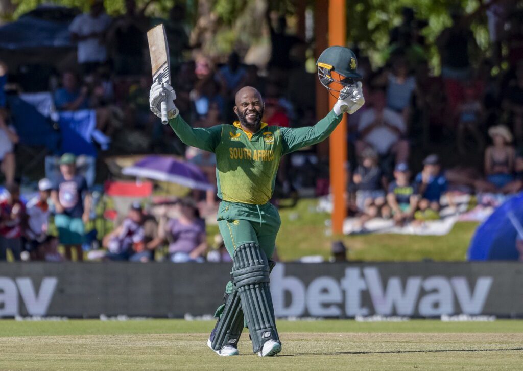 Temba Bavuma(C)of South Africa after reaching his 100 during the 2nd match of the 2023 Betway ODI Series between South Africa and England held at Mangaung Oval in Bloemfontein on 29 January 2023 ©Frikkie Kapp/BackpagePix