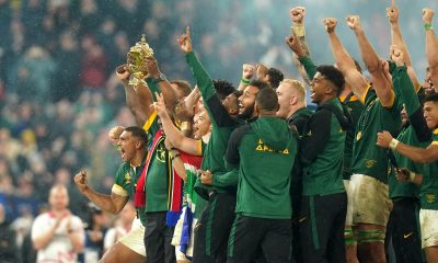 South Africa players celebrate with The Webb Ellis Cup