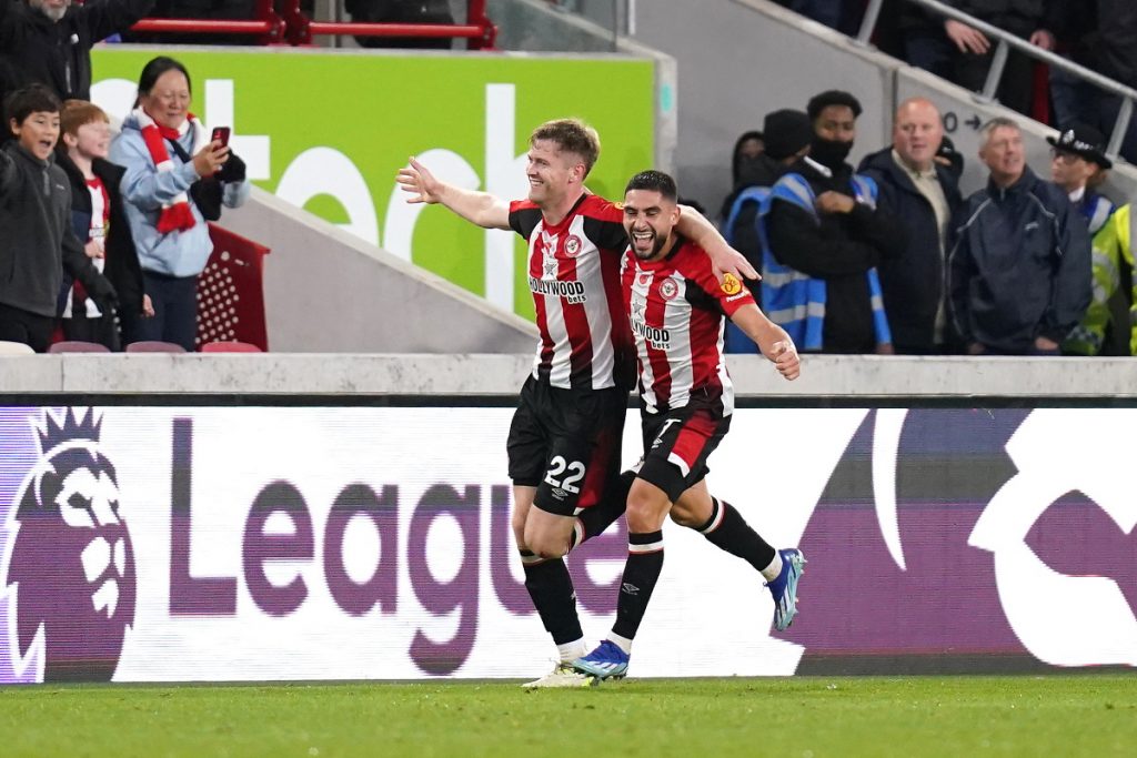 Nathan Collins and Neal Maupay of Brentford