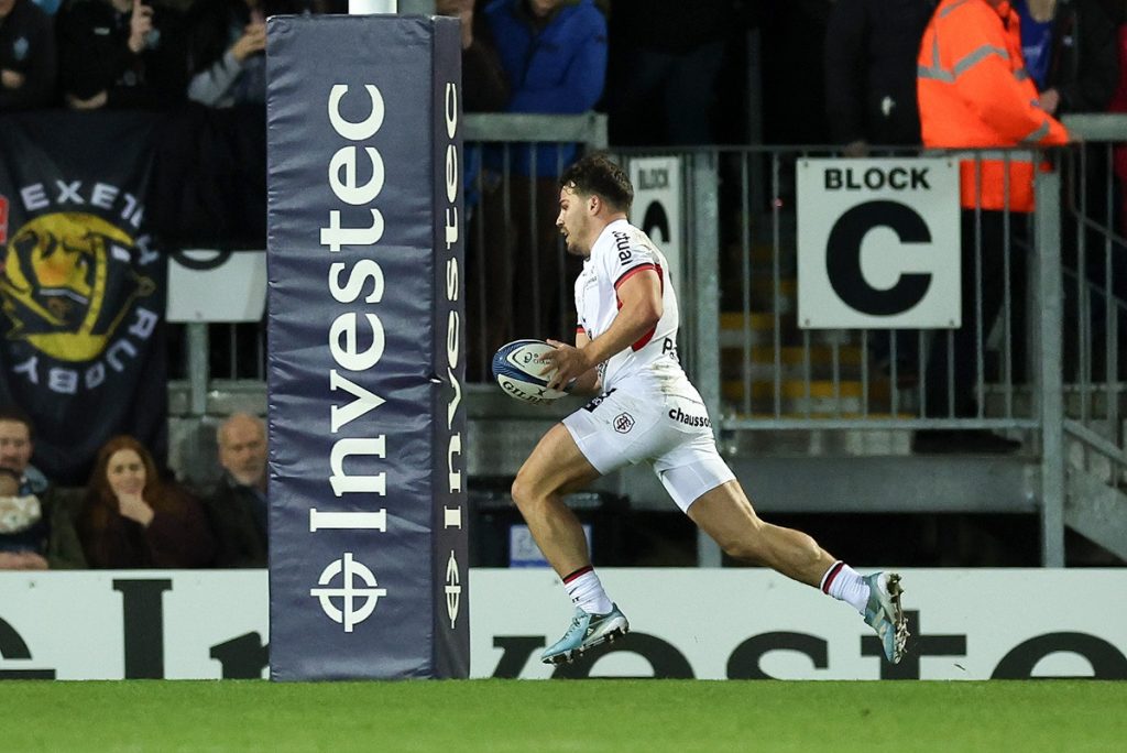 Stade Toulousain's Antoine Dupont scores their side's first try of the game during the Investec Champions Cup match at Sandy Park, Exeter. Picture date: Sunday December 15, 2024.