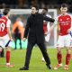 Arsenal manager Mikel Arteta (centre) and Kieran Tierney after the Premier League match at Molineux Stadium, Wolverhampton.