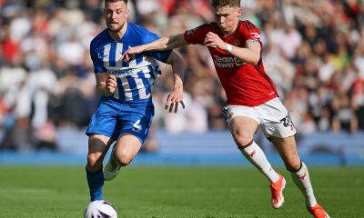 epa11353487 Brighton's Adam Webster (L) and Manchester United's Scott McTominay battle for the ball during the English Premier League soccer match of Brighton & Hove Albion against Manchester United, in Brighton, Britain, 19 May 2024. EPA/DANIEL HAMBURY EDITORIAL USE ONLY. No use with unauthorized audio, video, data, fixture lists, club/league logos, 'live' services or NFTs. Online in-match use limited to 120 images, no video emulation. No use in betting, games or single club/