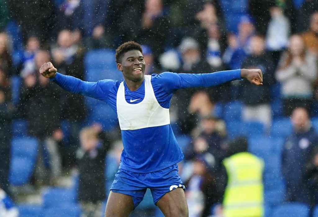 Brighton and Hove Albion's Carlos Baleba celebrates following during the Premier League match at the American Express Stadium, Brighton. Picture date: Sunday March 10, 2024.