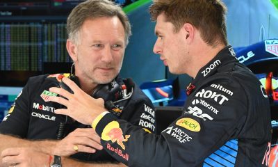 epa11573343 Red Bull Racing team principal Christian Horner (L) and driver Max Verstappen of Netherlands (R) talk during the first practice session for the Formula One Grand Prix of Italy, in Monza, Italy,