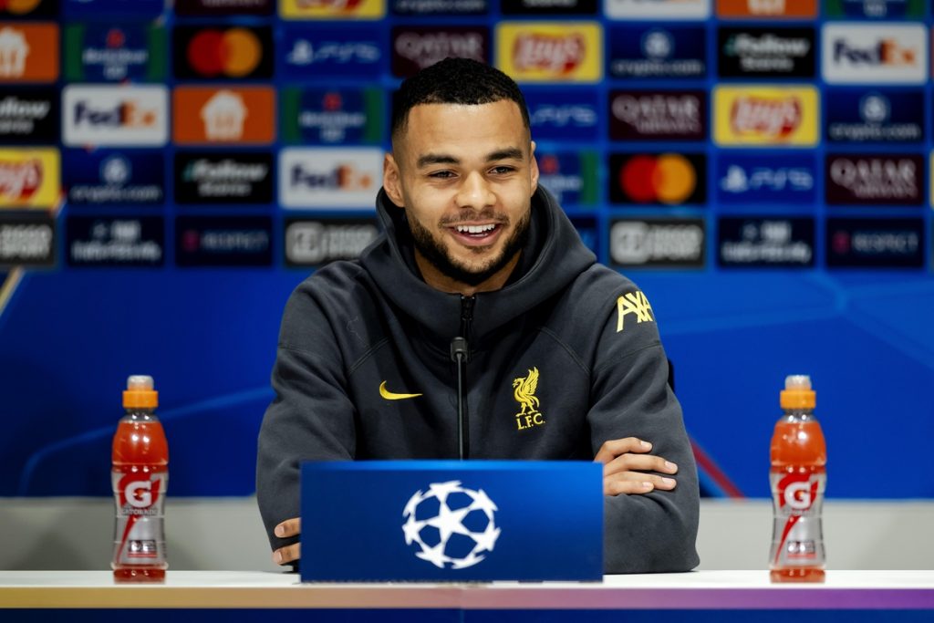 epa11859015 Cody Gakpo of Liverpool FC gives a press conference in Eindhoven, the Netherlands, 28 January 2025. Liverpool will face PSV in the UEFA Champions League on 29 January 2025. EPA/ROBIN VAN LONKHUIJSEN