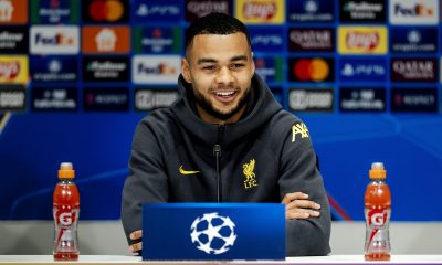 epa11859015 Cody Gakpo of Liverpool FC gives a press conference in Eindhoven, the Netherlands, 28 January 2025. Liverpool will face PSV in the UEFA Champions League on 29 January 2025. EPA/ROBIN VAN LONKHUIJSEN