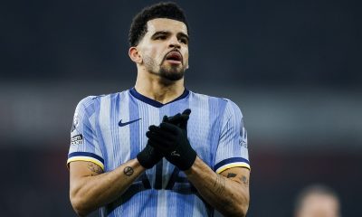 epa11827359 Dominic Solanke of Tottenham reacts after the English Premier League match between Arsenal FC and Tottenham Hotspur, in London,