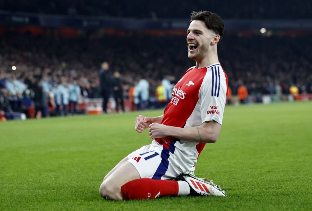 epa11845504 Declan Rice of Arsenal celebrates after scoring the opening goal during the UEFA Champions League league phase match between Arsenal FC and GNK Dinamo Zagreb, in London, Britain,