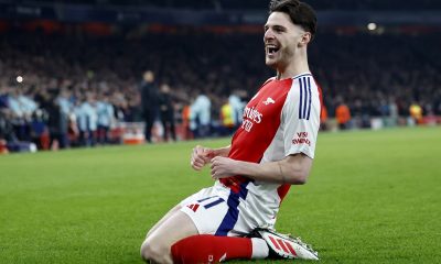 epa11845504 Declan Rice of Arsenal celebrates after scoring the opening goal during the UEFA Champions League league phase match between Arsenal FC and GNK Dinamo Zagreb, in London, Britain,