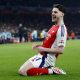 epa11845504 Declan Rice of Arsenal celebrates after scoring the opening goal during the UEFA Champions League league phase match between Arsenal FC and GNK Dinamo Zagreb, in London, Britain,