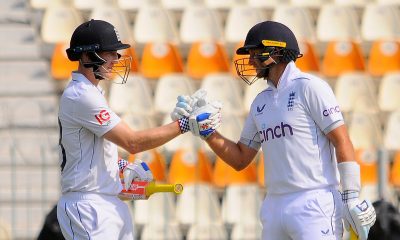 epa11651874 England's Joe Root (R) and Harry Brook (L) shake hands during the fourth day of the first Test between Pakistan and England at Multan Cricket Stadium in Multan, Pakistan, 10 October 2024. EPA/FAISAL KAREEM