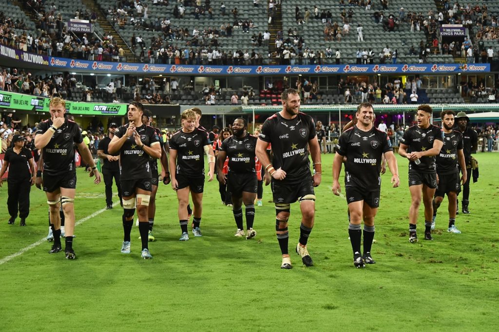 Sharks celebrates victory after the United Rugby Championship 2024/25 match between Hollywoodbets Sharks and Vodacom Bulls at Hollywoodbets Kings Park Stadium in Durban on the 21st of December 2024