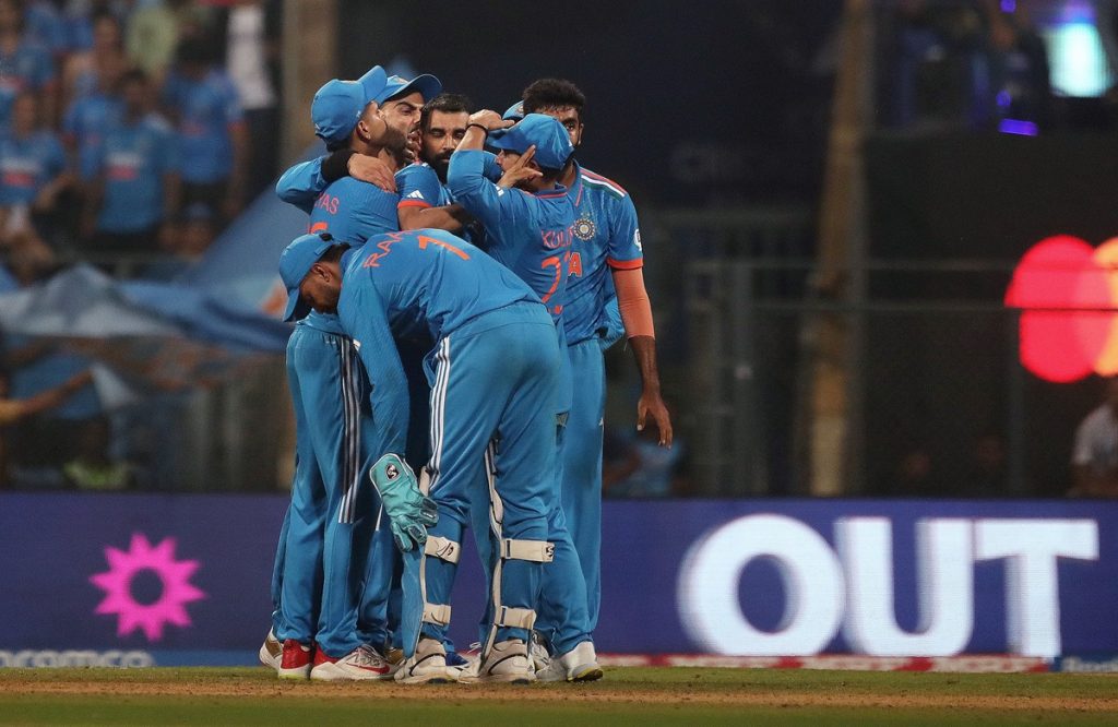 Mandatory Credit: Photo by Pankaj Nangia/Shutterstock (14208100fj) India's Mohammed Shami celebrates the wicket of New Zealand's Daryl Mitchell India v New Zealand, ICC Men's Cricket World Cup, Semi