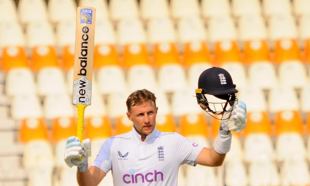 epa11650376 England's Joe Root celebrates his century during the third day of the first Test between Pakistan and England at Multan Cricket Stadium in Multan, Pakistan, 09 October 2024.