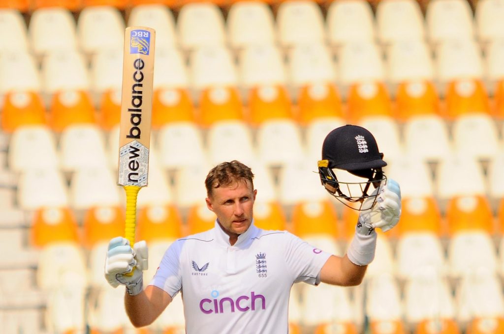 epa11650376 England's Joe Root celebrates his century during the third day of the first Test between Pakistan and England at Multan Cricket Stadium in Multan, Pakistan, 09 October 2024.