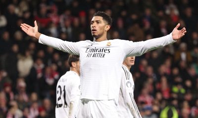 epa11862218 Jude Bellingham of Real Madrid celebrates after scoring the 0-2 goal during the UEFA Champions League soccer match between Stade Brestois 29 and Real Madrid, in Guingamp, France, 29 January 2025. EPA/CHRISTOPHE PETIT TESSON