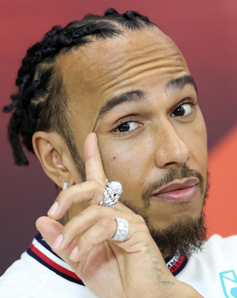 epa11758454 Mercedes driver Lewis Hamilton of Britain attends a press conference ahead of the Formula One Abu Dhabi Grand Prix, in Abu Dhabi, United Arab Emirates, 05 December 2024.