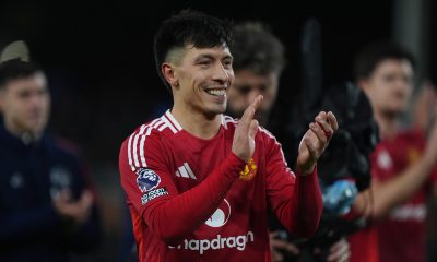 Manchester United's Lisandro Martinez celebrates with the crowd after the Premier League match at Craven Cottage, London.