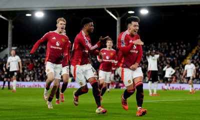 Manchester United's Lisandro Martinez celebrates scoring their side's first goal of the game during the Premier League match at Craven Cottage, London. Picture date: Sunday January 26, 2025.