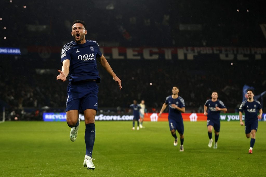 epa11845981 Goncalo Ramos of PSG celebrates after scoring the 4-2 lead during the UEFA Champions League league phase soccer match between Paris Saint-Germain (PSG) and Manchester City, in Paris, France,