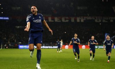 epa11845981 Goncalo Ramos of PSG celebrates after scoring the 4-2 lead during the UEFA Champions League league phase soccer match between Paris Saint-Germain (PSG) and Manchester City, in Paris, France,