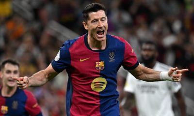 epa11820784 Robert Lewandowski of Barcelona celebrates scoring the 1-2 goal during the final of the Spanish Super Cup, the Supercopa de Espana, between Real Madrid and FC Barcleona in Jeddah, Saudi Arabia,