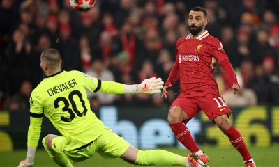 epa11843004 Mohamed Salah of Liverpool (R) scores the 1-0 opening goal during the UEFA Champions League league phase match between Liverpool FC and LOSC Lille, in Liverpool,