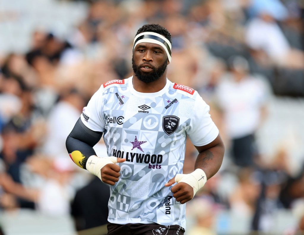 Siya Kolisi of the Sharks warming up during the Investec European Rugby Championships Cup 2024/25 match between Sharks and Stade Toulousain at Kings Park Stadium in Durban on 11 January 2025 © Samuel Shivambu/BackpagePix