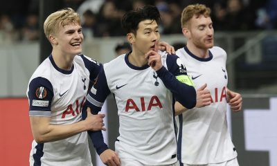 epa11848106 Heung-Min Son of Tottenham (C) celebrates with teammates after scoring the 1-3 lead during the UEFA Europa League match between TSG 1899 Hoffenheim and Tottenham Hotspur, in Sinsheim, Germany, 23 January 2025.